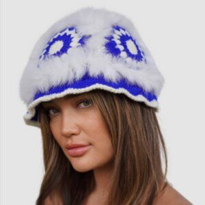 Blue Feathered Hand Knitted Bucket Hat